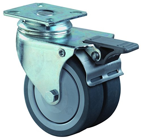 BS ROLLEN B120.A85.050 Doppellenkrolle mit Anschraubplatte-Kugellager/Gummirad, ø 50, mit Feststellung