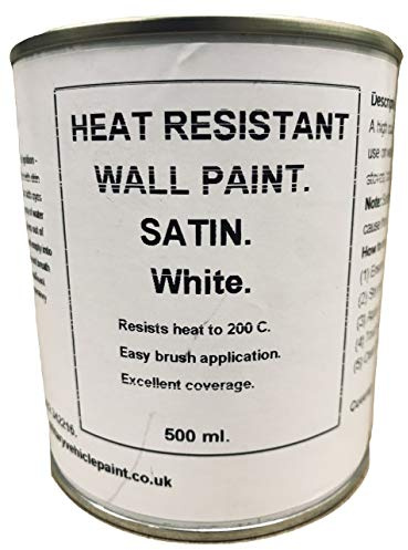 1 x 500ml Satin White Heat Resistant Wall Paint. Wood Burner Stove Alcove. Brick, Concrete, Plaster, Cement Board, Rendering, Metal, Timber etc.