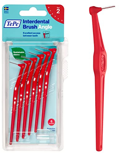 TePe Interdental Brush Angle, Angled Dental Brush for Teeth Cleaning, Pack of 6, 0.5 mm, Extra-Small/Small Gaps, Red, Size 2
