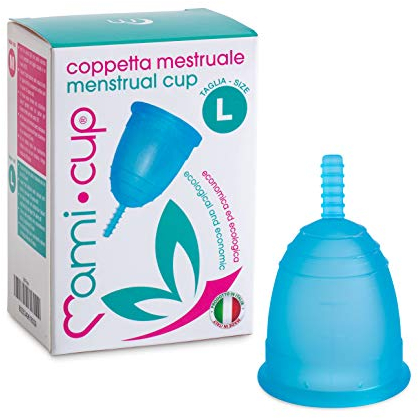 MAMICUP - Coppetta Mestruale Morbida in Silicone Medicale 100% Made in Italy, Totalmente Anallergica Priva di Lattice e Additivi, Coppette Mestruali per Ciclo - Taglia L - Turchese