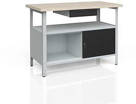 Vicco Werkbank Werkstatteinrichtung Schublade Werkzeugschrank Lochwand mit höhenverstellbaren Füßen, Farbe Korpus: lichtgrau, Arbeitsplatte: Ahorn-Furnier, ca. 120 x 85 x 60 cm (BxHxT)