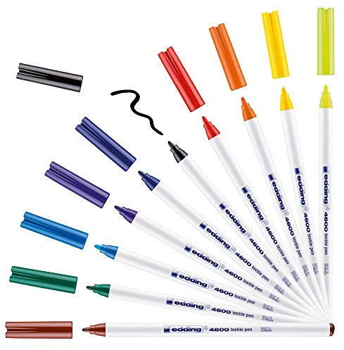 Edding 4600 stylo textile - boîte de 10 couleurs - plume ronde 1 mm - stylos permanents pour dessiner sur les textiles, résistants au lavage à 60 °C - stylo textile