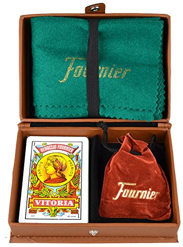 Fournier 10023417 Mus en estuche de polipiel, conjunto de juego ideal para regalo, Marrón. Baraja de cartas española, tapete y amarracos, 14 años en adelante.