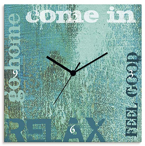 ARTLAND Wanddeko Wanduhr ohne Tickgeräusche Leinwand Quarzuhr 30x30 cm Quadratisch Lautlos Spruch Text Shabby Chic Relax Kunst Türkis T9LO