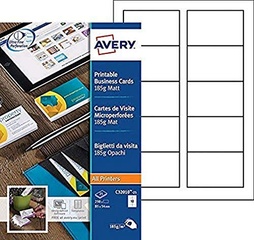 AVERY - Packung mit 250 bedruckbaren Visitenkarten, aus matter weißer Karton, 185 g/m², Format 85 x 54 mm, Laser/Tintenstrahldruck, (C32010-25)