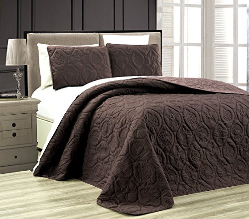 Grand Linen 3-Piece Tropical Coast Seashell Beach Queen/Full Oversize Oversize Bedspread Chocolate Brown/Taupe Reversible Coverlet Embossed Bed Cover Set. Sea Shells, Sea Horse, Starfish etc.