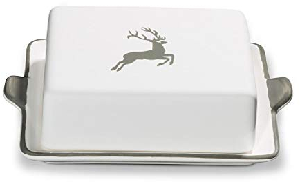 GMUNDNER KERAMIK Butterdose Grösse: l= 20.5 cm x b= 14.5 cm x h= 5.7 cm grauer Hirsch Geschirr, handgemacht in Österreich