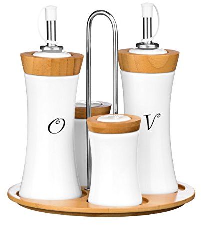 Premier Housewares 1103947 4-Piece Bamboo/Ceramic Concave Condiment Set,White,H19 x W19 x D9cm