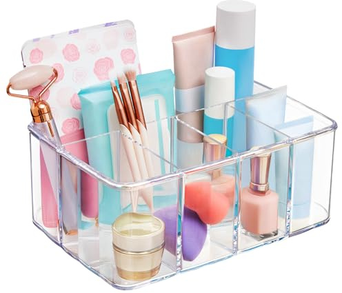 STORi 5-Compartment Clear Plastic Organizer | Rectangular Divided Makeup and Vanity Storage Bin and Office Desk Caddy | Scalloped Wall Design | Made in USA