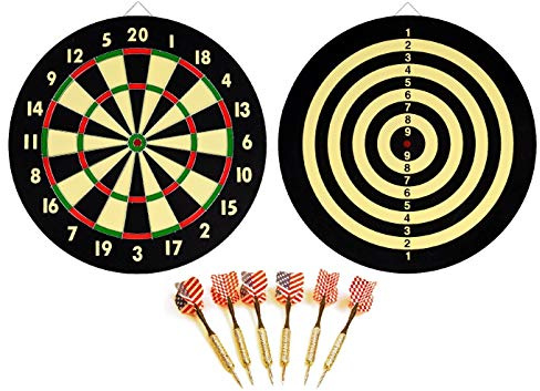 NEW DART BOARD + 6 BRASS DARTS FLAG CHECKERS 16.5 inch