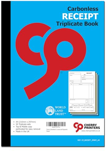 Cherry Printers | Carbonless | Receipt Book | Triplicate | A4 | 50 Sets | Perforated Top and Middle Copy | Made in The UK | Professional Business Receipt Pad for Invoices and Payments