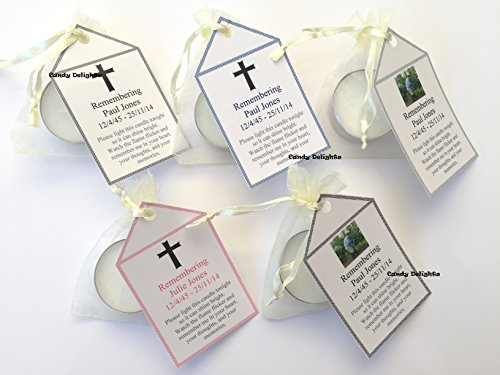 50 Personalised Remembrance Funeral DIY Organza Bag Candle & Tag Keepsakes