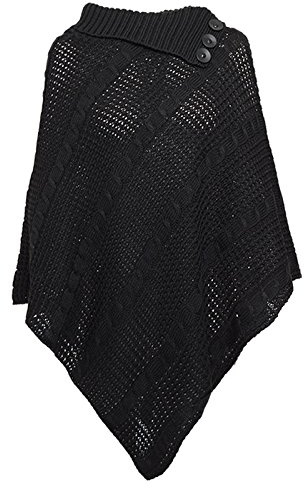 Missmister Womens Ladies Cable Knitted Poncho 3 Button Wrap Warm Cape Shawl Jumper Winter Plus Sizes UK 8-26 (One Size (UK 8-14), Black)