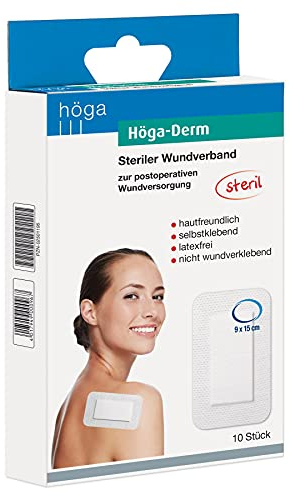 Höga Derm, steriler Wundverband, hautfreundlich, latexfrei und selbstklebend, 150 x 90 mm, 10 Stück, gebrauchsfertiges Pflaster