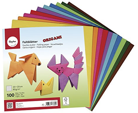 Rayher Set papel origami, 100 hojas colores 20x20 cm, 80 g/m², 10 tonos, manualidades, 71830000