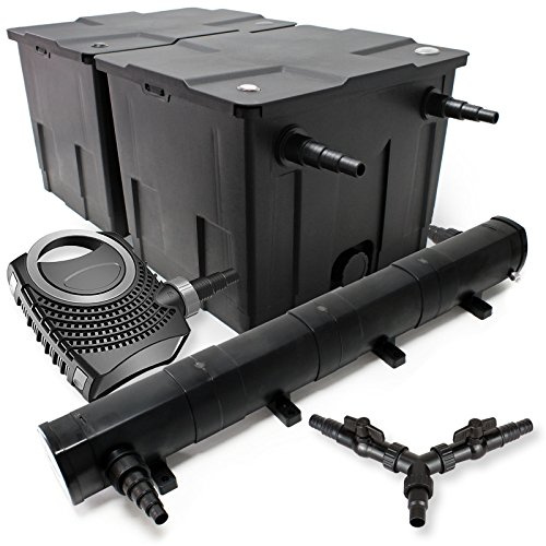 SunSun komplett set: CBF-350B dammfilter upp till 60 000 l dammfiltersystem som flödesfilter, NEO10000 SuperECO dammpump 10000l/h 80 W, CUV-272 dammklarare UVC klarare med 72 W, Y-distributör