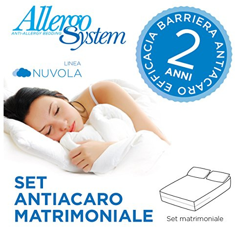 Allergosystem Set Coprimaterasso Antiacaro Matrimoniale con Cerniera 160x190cm e 2 Federe Cuscino Letto 50x80cm - Dispositivo Medico Antiacaro e Anallergico MADE IN ITALY - Linea Nuvola