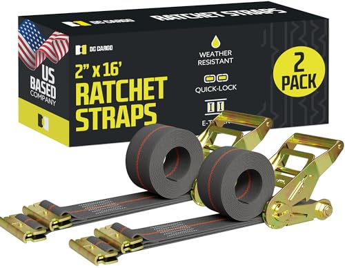 DC Cargo Mall E Track Ratchet Straps Cargo Tie-Downs, (Pack of 2) 2 x 16 Heavy Duty Grey Tie-Down Rachet Straps, Strong Ratchet Strap, E Track Spring Fittings, Tie Down Motorcycle