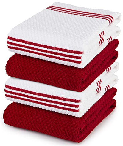 Sticky Toffee 100% Cotton Terry Tea Towel - Red Plain & Stripe Pattern, Pack of 4 | Kitchen Towel Set | Absorbent, Strong, Quick Dry & Machine Washable | Home & Bathroom Accessories