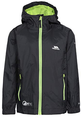 Trespass Kids Jacket Qikpac - Waterproof, Breathable, School Raincoat, 2 Zip Pockets, Full Zip, Adjustable Hood, Storm Flap, Ventilated Back, Lightweight, Packable