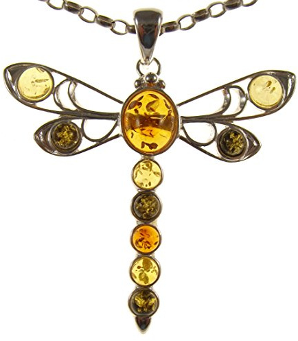 Baltic amber and sterling silver 925 multi-coloured dragonfly pendant necklace with 1mm Italian sterling silver 925 snake chain