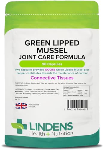 Lindens Green Lipped Mussel 500mg Capsules - 90 Pack - Joint Care Formula in Convenient, Rapid Release Capsules - UK Manufacturer, Letterbox Friendly, Cream