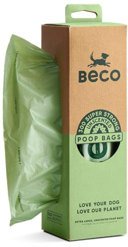 Beco Dog Poop Bags - Strong & Large - 300 Bags (XL Roll) Tissue Box Dispenser, Unscented, for Dog Waste