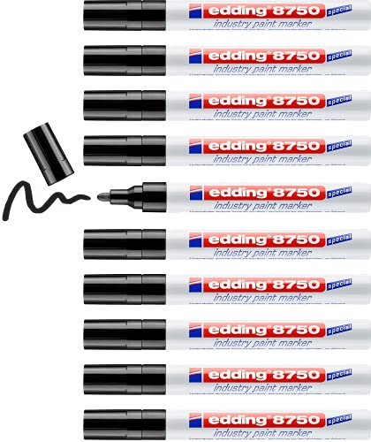 edding 8750 industry paint marker - black - 10 pens - round nib 2-4 mm - paint marker for writing on dusty, slightly oily surfaces, tyres, metal, glass and wood - permanent, waterproof