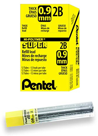 Pentel Super Hi-Polymer Lead Refill, (0.9mm) Thick, 2B, 180 Pieces of Lead, 12 Tubes of Lead (50-9-2B)