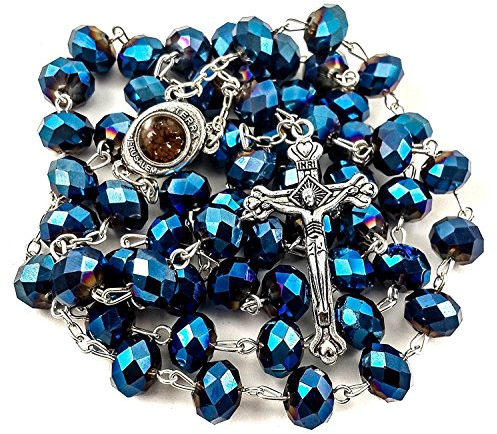 Nazareth Store Tiefblaue Kristallperlen Rosenkranz Halskette Katholisches Gebet Jerusalem Heiliger Boden Medaille Kreuz Heiliges Land Antike religiöse Rosenkränze Perlenkollektion (Dunkelblau)