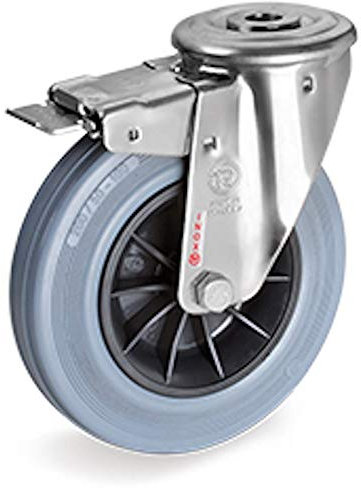 Roulette à oeil INOX pivotante à frein diamètre 80 mm roue caoutchouc gris - 50 Kg