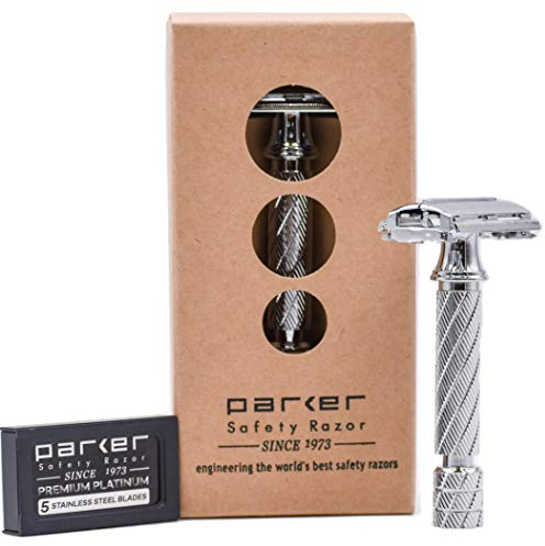 Parker Safety Razor 87R Schmetterling öffnen Doppelkante-Rasierapparat - Traditionelle Kurz Griff - 5 Hochwertig Klingen im Lieferumfang Chrom