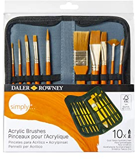 Daler-Rowney Simply Acrylic Brush Set in Zip Case, 10 x Assorted Gold Taklon Synthetic Hair Brushes, Short Handle, For Entry-Level Artists & Hobbyists