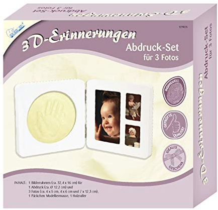 MAMMUT 129025 - 3D Erinnerungen Abdruck-Set für 3 Fotos, Komplettset mit Bilderrahmen (MDF), 1 Päckchen Modelliermasse und 1 Holzroller, Kreativset für junge Eltern, 32,4 x 16 cm