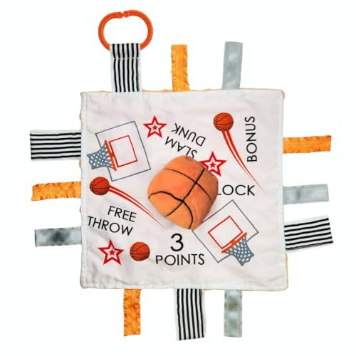 Baby Jack & Co 10x10” Basketball Sports Lovey Sensory Plush Blanket - Tag Toy for Developing Sense of Touch - Travel Stroller Toy w/BPA Free Clip - Learn Shapes, Letters & Colors - Sports Gift