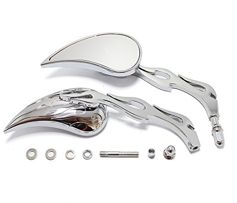 Chrome Custom Flame Tear Drop Motorcycle Mirrors for Harley Davidson Sportster Street Fatboy Softail-Pair