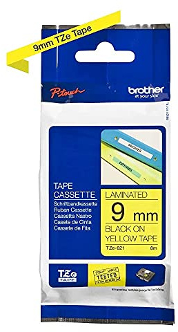Brother TZe-621 - Noir sur jaune - Rouleau (0,9 cm x 8 m) 1 cassette(s) ruban laminé - pour Brother PT-D210, D600, H110, H200, P-Touch PT-1005, 1880, P-Touch Cube Pro PT-P910