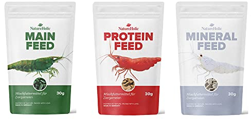 NatureHolic – Garnelen Futter Paket - Mainfeed/Proteinfeed/Mineralfeed – Garnelenfutter Set für das Aquarium - 3 x 30 g