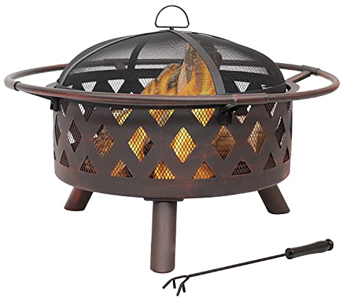 Sunnydaze Feuerschale mit Bronzefarbenem Kreuzmuster - Feuerschale mit Funkenschutz, Schürhaken und Runder Abdeckung - 76,2 cm