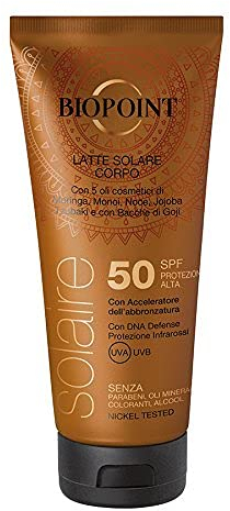 Biopoint Latte Corpo Solare SPF50 40 ml - Resistente all'Acqua, ad Assorbimento Rapido, Non Unge, Senza Oli Minerali, Coloranti, Alcool e Nikel Tested