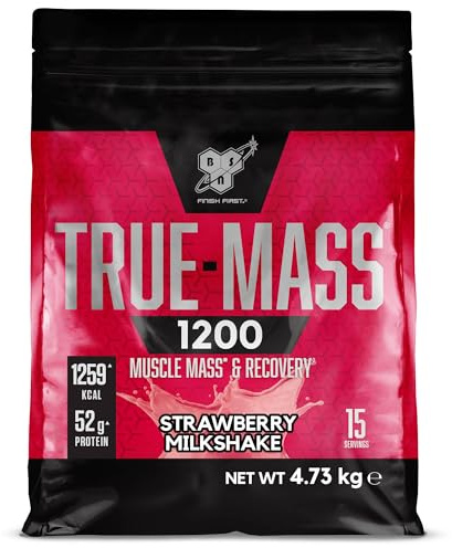 BSN True Mass 1200, Mass Gainer Proteinpulver mit Molkenisolat und Kohlenhydraten, Gewichts- und Muskelaufbau und Erholung nach dem Training, Erdbeer-Milchshake, 15 Portionen, 4,8 kg