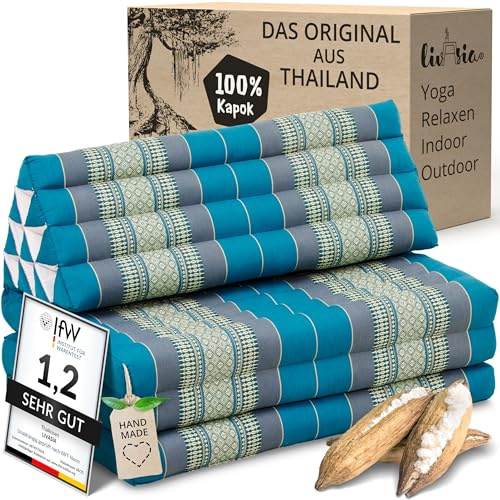 livasia cuscino thai per due persone XXL - 190x80x8cm - cuscino triangolare a 3 segmenti materasso pieghevole, kapok largo, per la schiena pieghevole, meditazione (Azzurro)