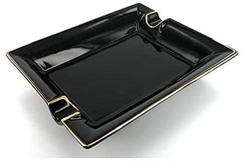 HA Cigar Ashtray Porcelain Black/Gold Rim 2 Shelves, 653 g