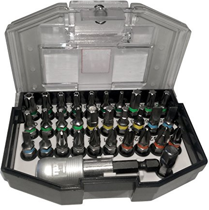 TOX Bit-Set Clip On, Bit-Box mit Schlitz, Kreuzschlitz, Innensechskant, Torx, Loch-Torx, magnetischem Bithalter, inkl. Adapter, Farbkennung und Kunststoffbox mit Gürtelclip, 32-teilig, 09790002