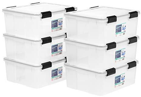 IRIS USA WeatherPro 31 Qt Storage Bins with Lids, 6 Pack, BPA-Free Plastic Gasket Box with Tight Latch and Seal, Stackable Nestable Tote Tub - Clear/Black