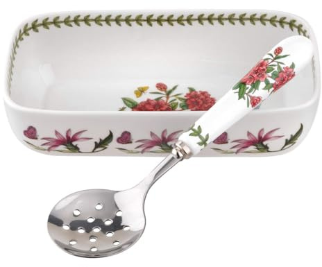 Portmeirion Botanic Garden Cranberry Dish with Slotted Spoon, 2-Piece Set, 8x 4.25 Sauce Dish with 4.25 Serving Spoon, Rhododendron Flower Motif, Fine Porcelain, Dishwasher and Microwave Safe