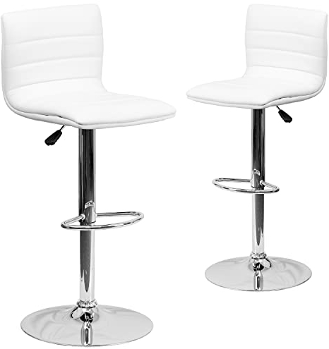 Flash Furniture Vincent Moderner Barhocker aus Vinyl, verstellbar, mit Rückenlehne, Thekenhöhe, Drehhocker mit Chrom-Sockel, 2 Stück