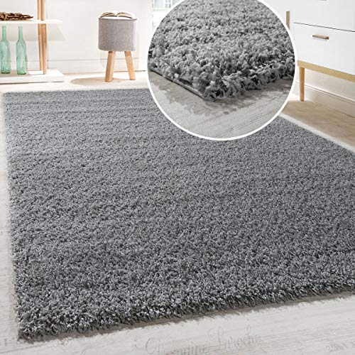 Paco Home Shaggy Hochflor Langflor Teppich Sky Einfarbig in Grau, Grösse:140x200 cm