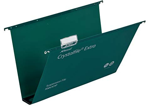 Rexel Foolscap Heavy Duty Suspension Files with Tabs and Inserts for Filing Cabinets, 50 mm base, Polypropylene, Green, Crystalfile Extra, Pack of 25, 3000112