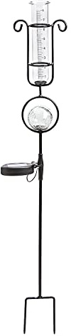Evergreen Garden Metal and Glass Rain Gauge with Solar Powered Light - 6 W x 5.5 D x 33.5 H